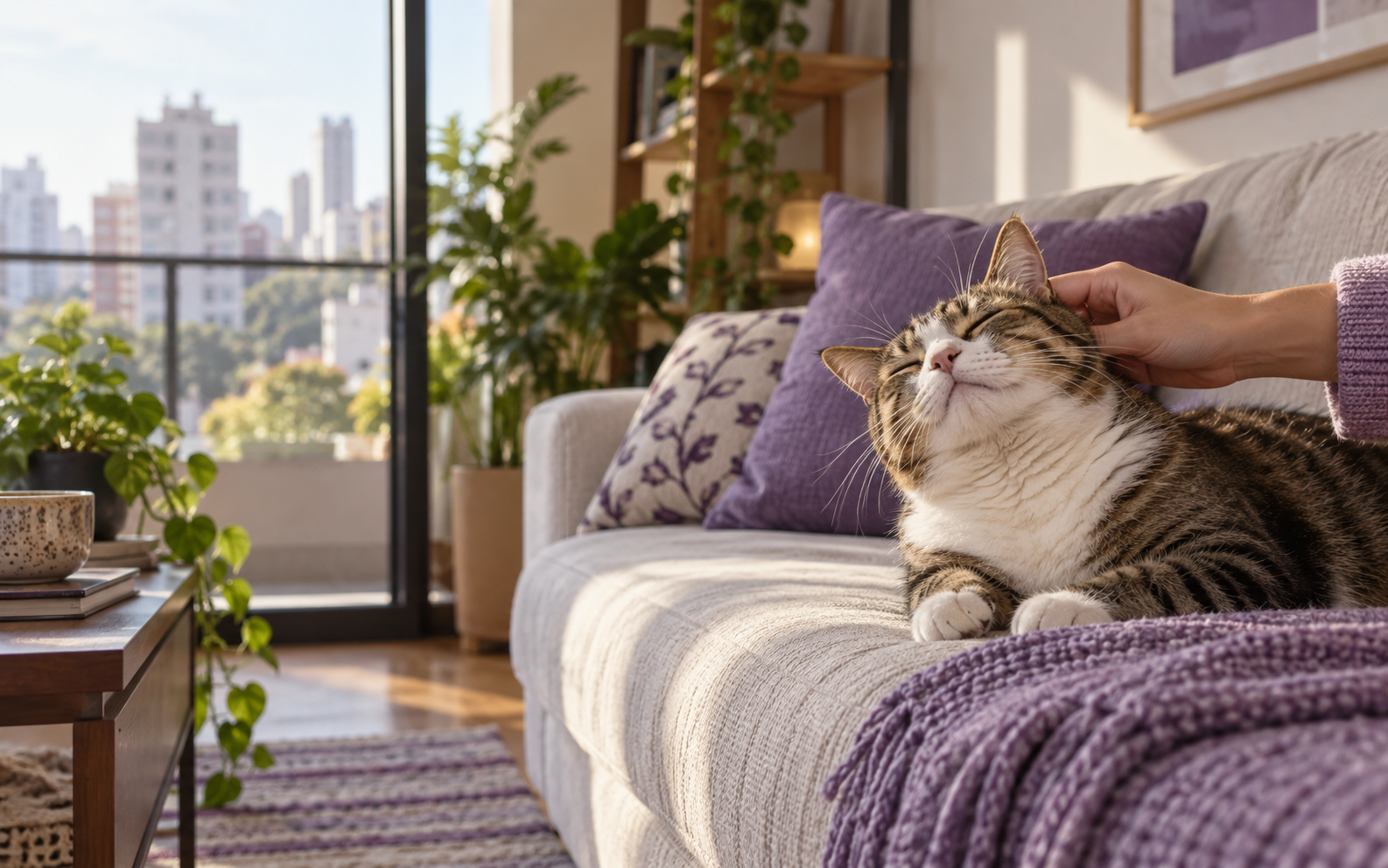 Gato recebendo carinho no sofá de casa